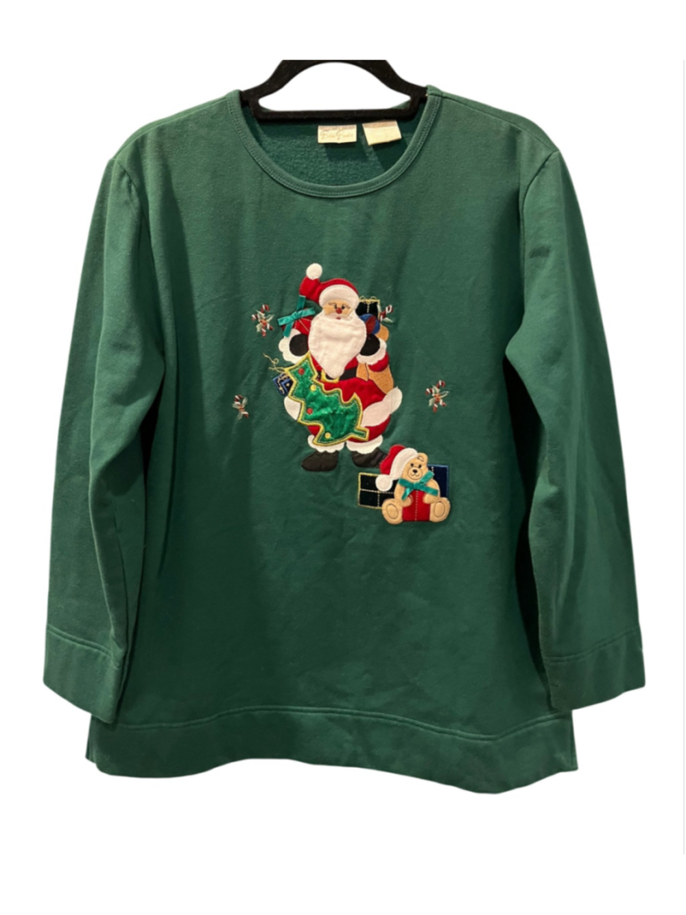 Vintage Bobbie Brooks Christmas Sweatshirt Green Santa Teddy Bear Embroidered M
